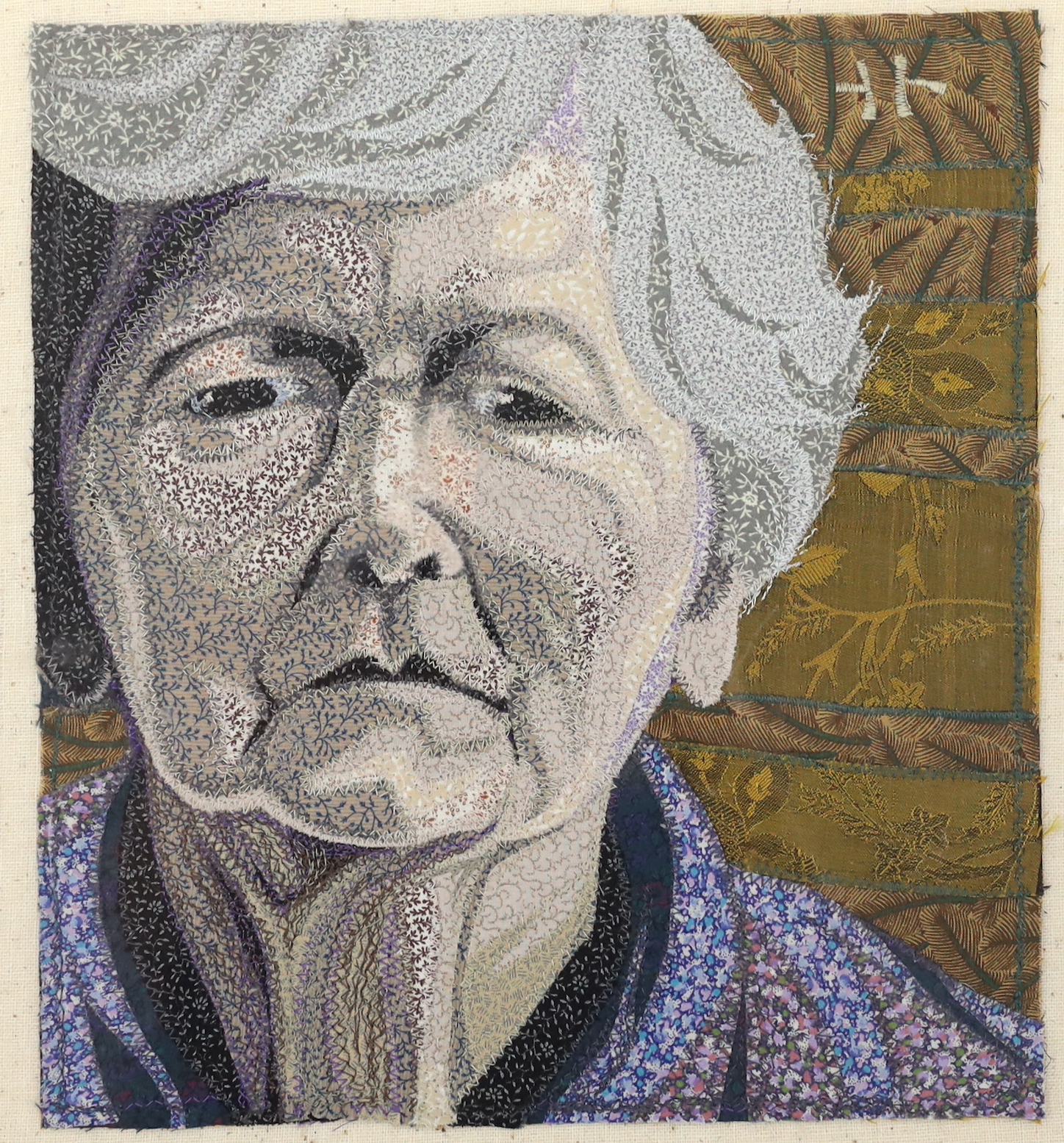 Deidre Scherer (American), needlework panel, 'Finding, September, 1994', signed and dated 1994 verso, 27 x 24.5cm
